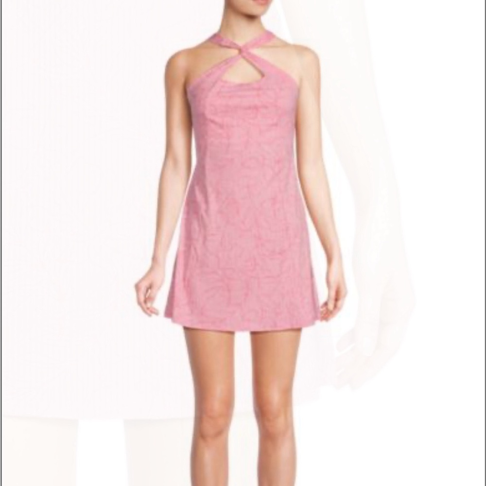 NWOT EleVen by Venus Williams Leaf Print Halterneck Mini Dress Soft Pink Size Sm